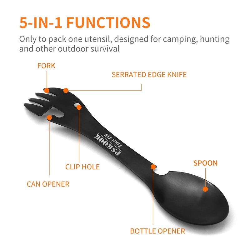 PSKOOK 5-in-1 Utility Tactical Spork, 2-Pack Stainless Steel Spoon & Bottle Opener, Fork & Knife, Can Opener Combo Camping Utensil for Hiking, Camping or Backpacking (Black & Matte Silver) - Image 3
